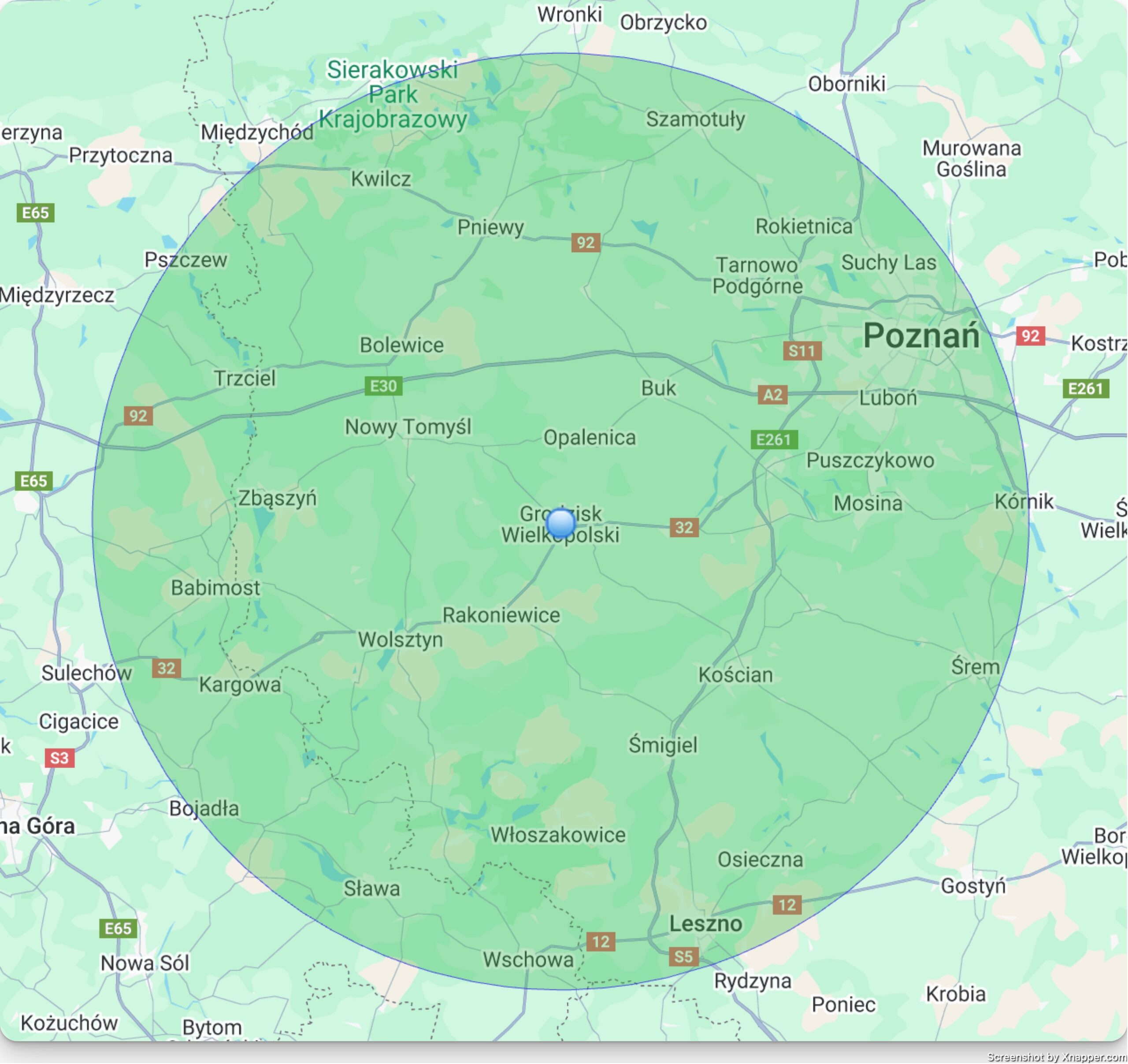 Mapa zasięgu działania PHP Olejnik - wynajem kontenerów na gruz Grodzisk Wielkopolski